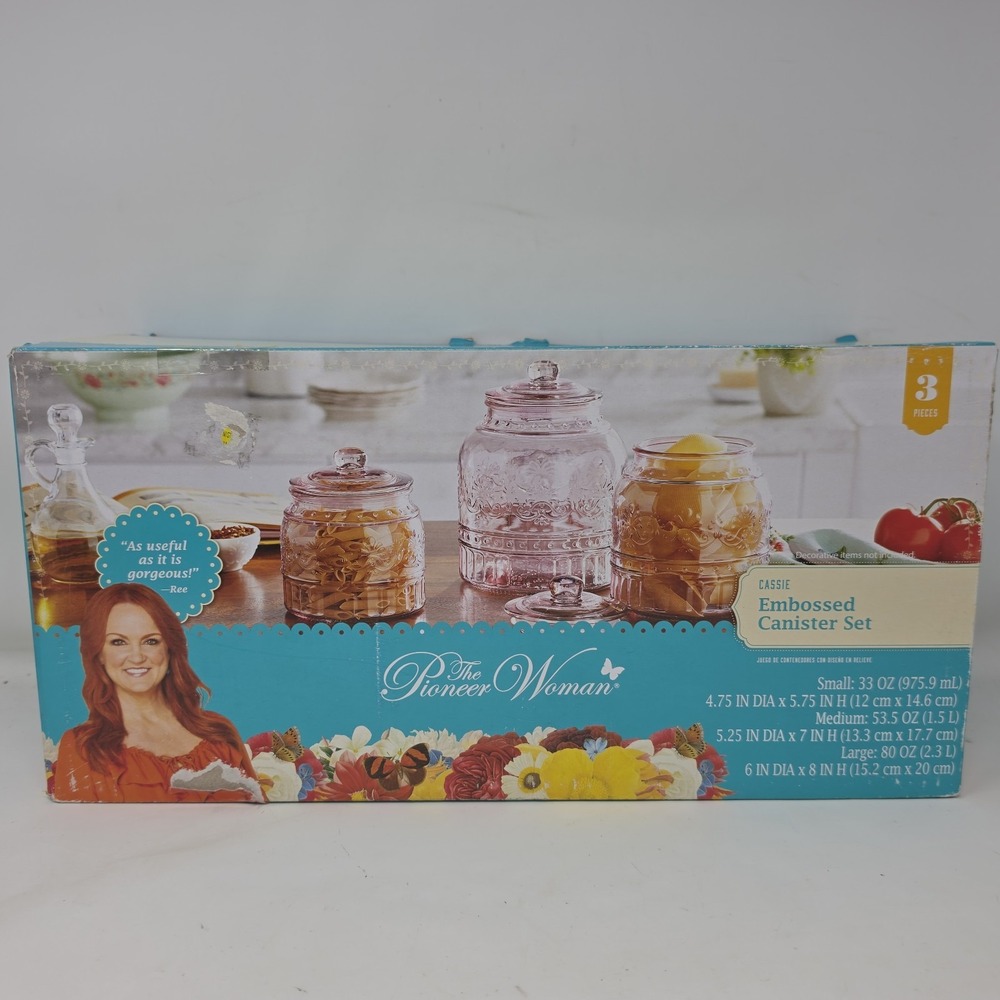 The Pioneer Woman Cassie Set of 3 Embossed Pink Glass Canisters 33-80oz NEW